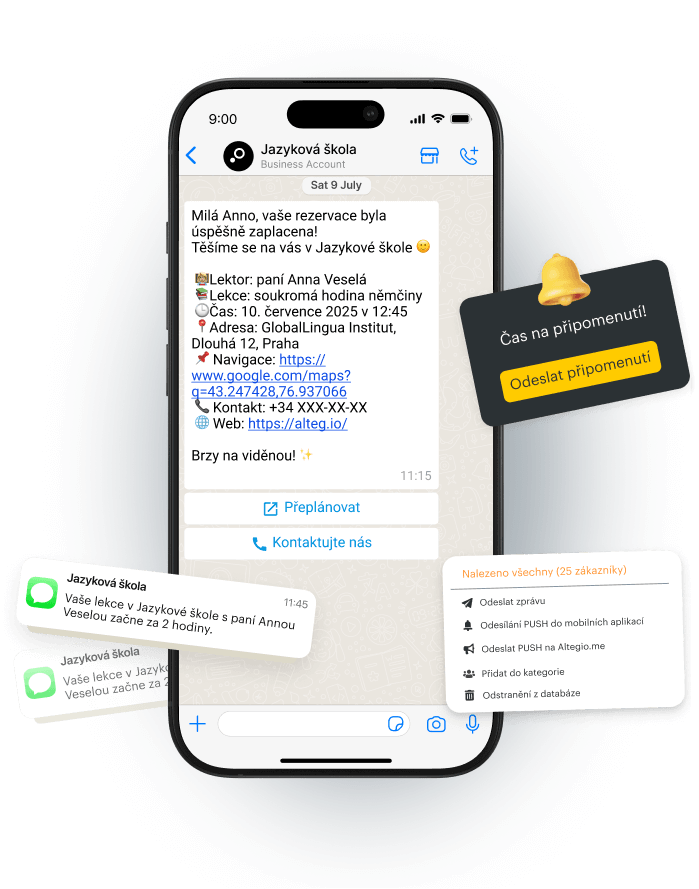 Chat interface showing appointment details for a language class with reminders.